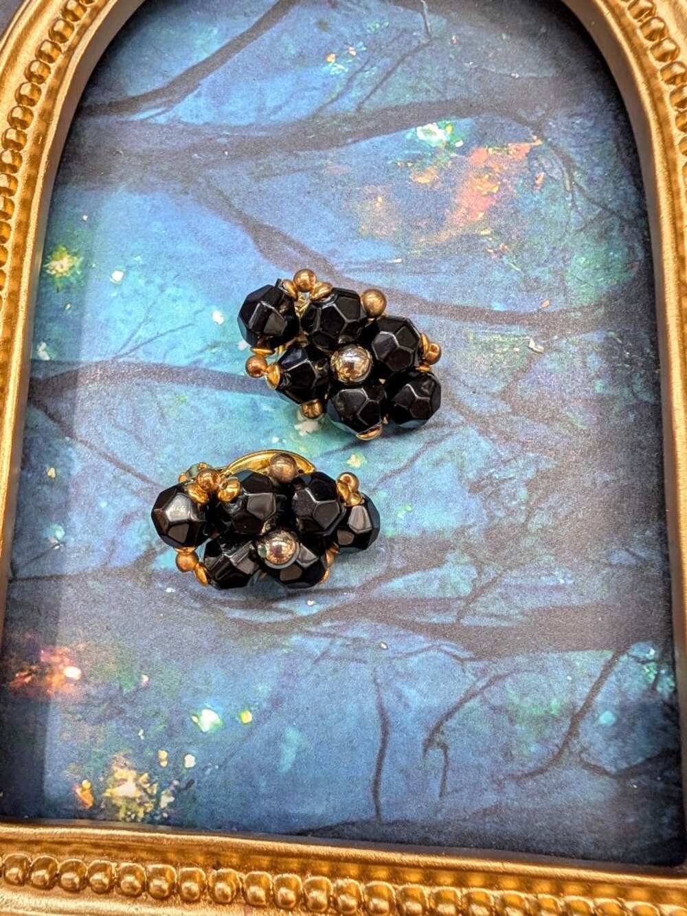 Vintage 1940's Jet Black & Gold Tone Beaded Clip-on Earrings